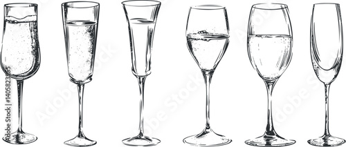 A collection of various elegant glasses for drinks including champagne and cocktails.
