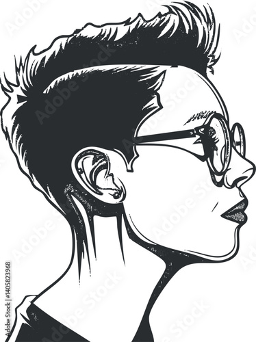 Stylish sketch of a woman with glasses and short hair in profile view.