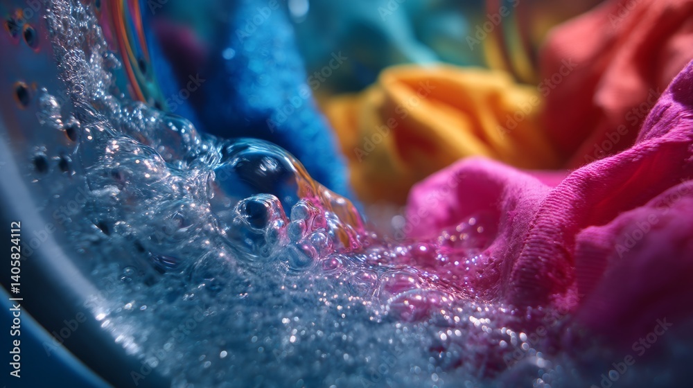 Colorful fabrics merge within the washing machine, showcasing textures and hues while bubbles rise and water splashes energetically. The scene captures the lively essence of cleaning clothes