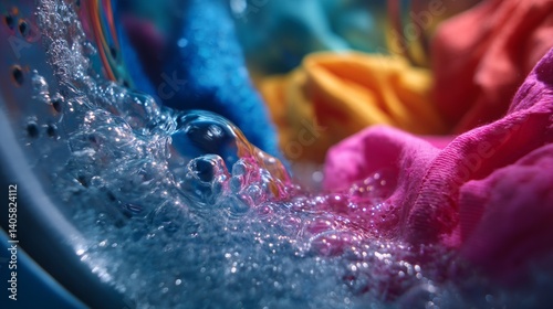 Obraz na płótnie Colorful fabrics merge within the washing machine, showcasing textures and hues while bubbles rise and water splashes energetically. The scene captures the lively essence of cleaning clothes w salonie
