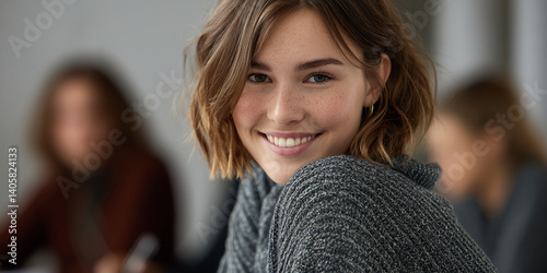 Close-up of young woman smiling, brown hair, freckles, gray sweater, blurred background, conveying joy, youth, and approachability