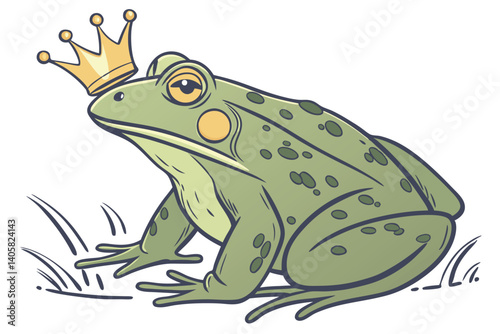 11 Realistic green frog, golden crown, fairytale prince, whimsical, detailed texture, shiny metallic, jeweled eyes, storybook illustration, white background, studio lighting, high contrast, 3D renderi
