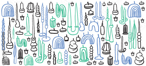 Isolated vector set of hand drawn cozy aromatic candles. Aromatherapy and relaxation. Flat illustration. Various scented candles set. Sketch.