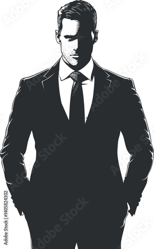 Silhouette of a confident man in a suit standing with hands in pockets against a white background.