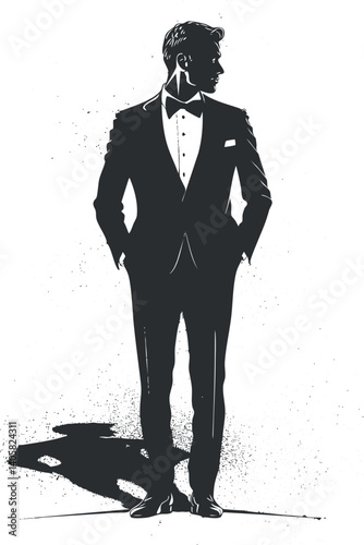 Stylish man in a formal suit standing confidently in a black and white artistic illustration.