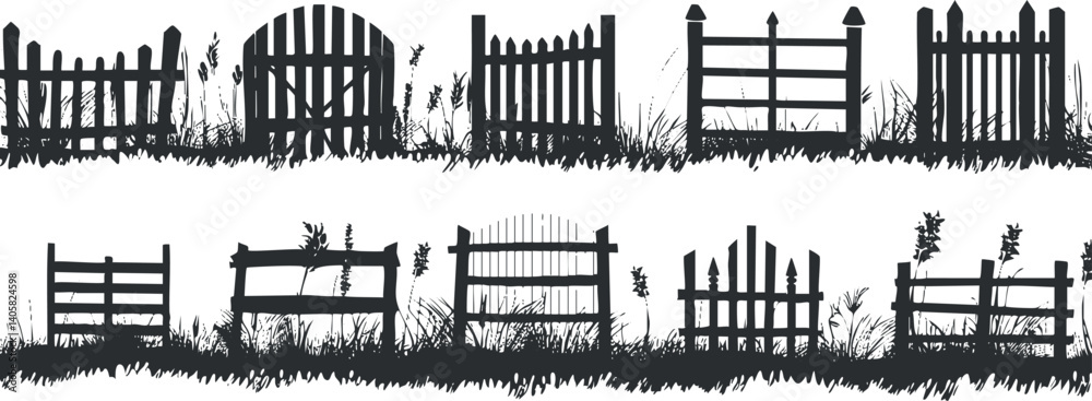 Fototapeta premium Collection of decorative wooden fence silhouettes set against a grassy background.