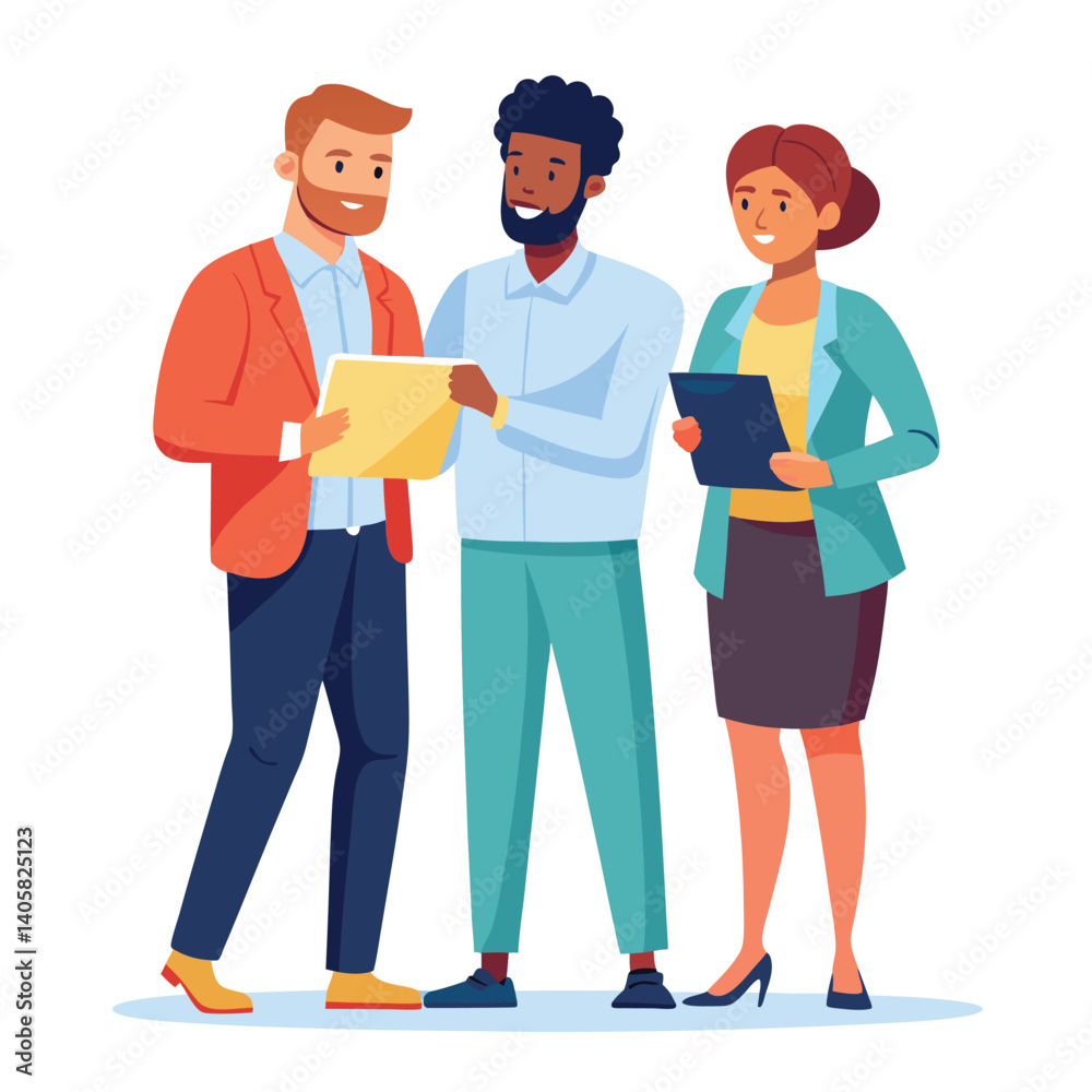 three-diverse-business-partners-standing-and-discus vector image on white background three-diverse-business-partners-standing-and-discus vector image on white background