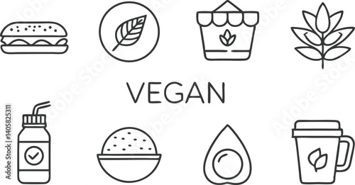Vegan Food Icons Sandwich, Drink, Bowl, Leaf, Avocado, Cup