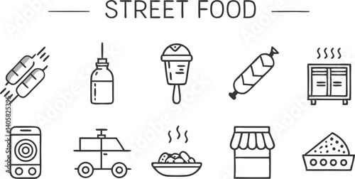 Street Food Icons Cart, Kiosk, Sausage, Drink, Mobile Order