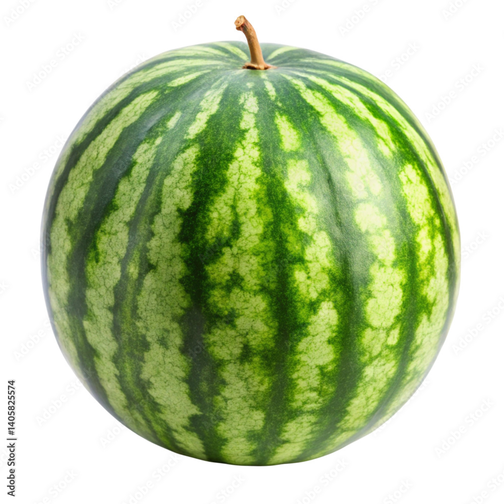 Fresh whole watermelon with vibrant green rind and distinct striping pattern, isolated on Transparent Background. Fresh whole watermelon with vibrant green rind and distinct striping pattern, isolated on Transparent Background.