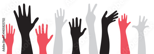 Raised Hands volunteering. Flat illustration concept. Variety Design Raising hands vector silhouette, several hand raising, protest concept, togetherness idea silhouette on  white background.