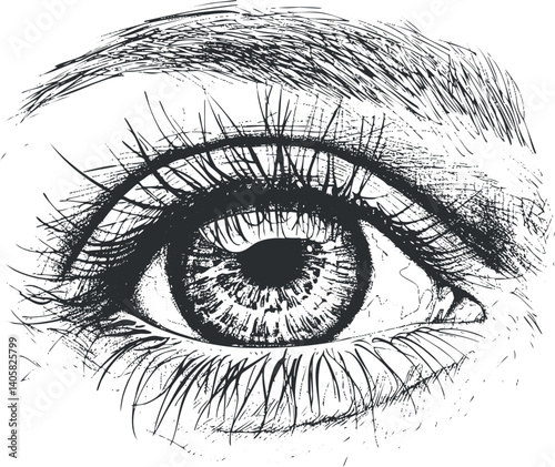 Detailed black and white sketch of a human eye showcasing intricate features and realism