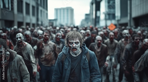 Crowd of undead people walking in urban street during zombie apocalypse, decaying bodies marching in post apocalyptic city, concept of epidemic and end of world