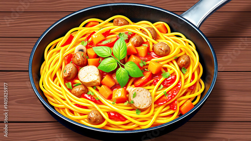 Delicious Pasta Dish in a Dark Non-Stick Frying Pan: A High-Definition Illustration
