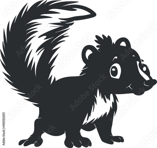 A playful cartoon skunk character with a bushy tail and friendly expression in black and white.