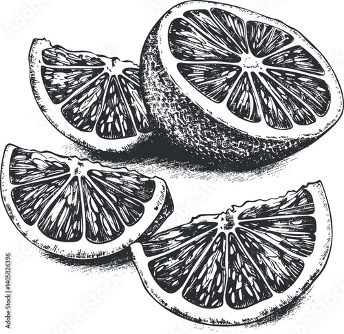 Hand-drawn illustration of fresh lemon slices showcasing their vibrant texture and detail.