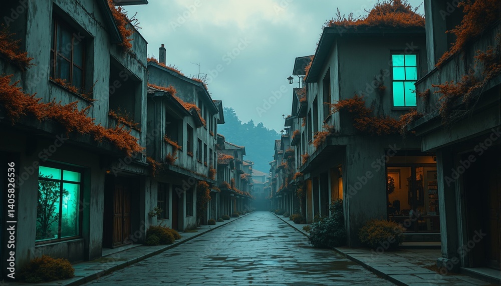 Fototapeta premium Abandoned city market; weathered skyscrapers covered in moss, lichen, and fungi under a twilight sky.