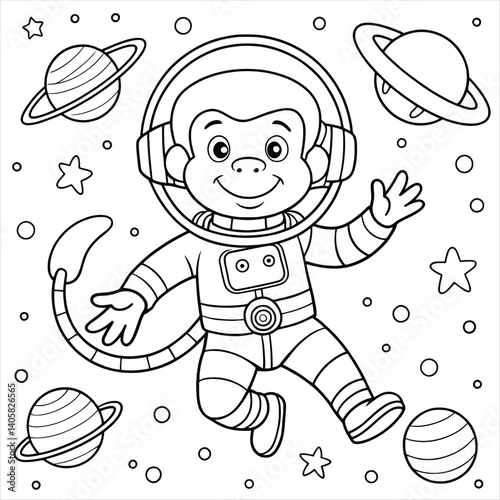 Monkey Astronaut Floating in Space Coloring Page