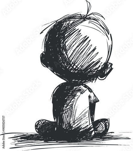 A whimsical sketch of a young boy sitting with his back turned, evoking innocence and curiosity.