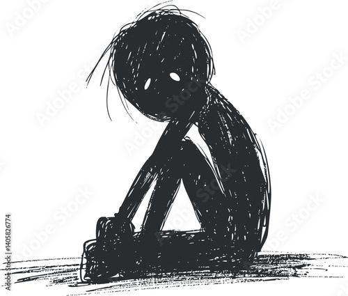 A minimalist sketch of a figure sitting in a posture of sadness and isolation.