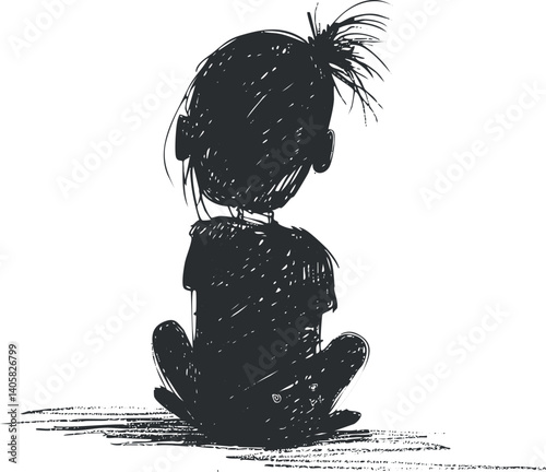 A whimsical silhouette of a child sitting with playful hair in a thoughtful pose.