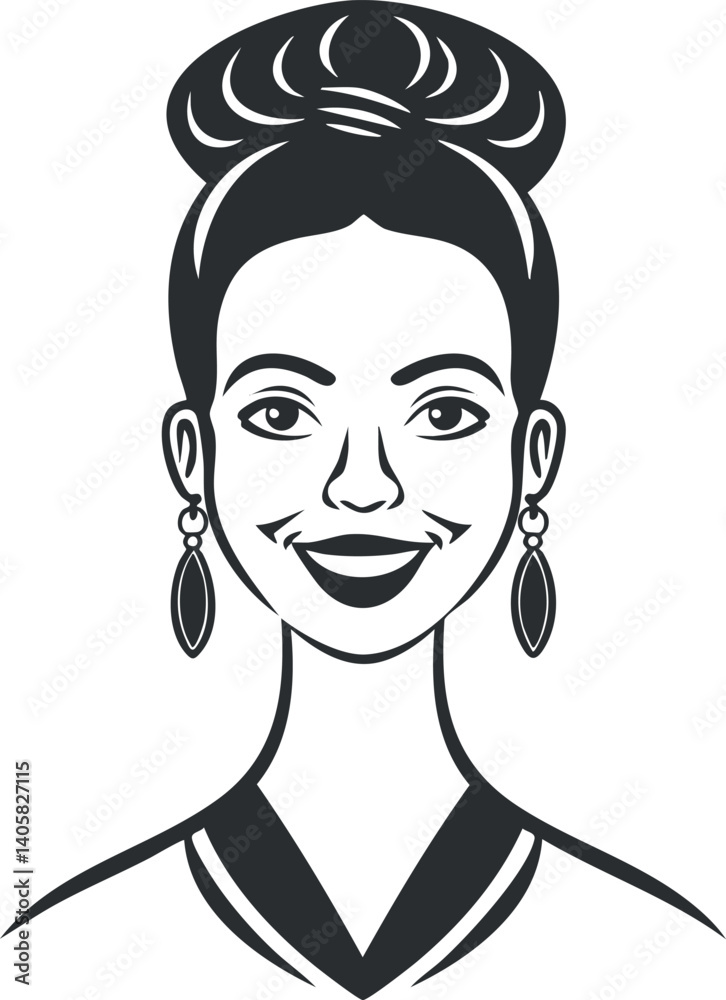 Stylized portrait of a smiling woman with elegant hairstyle and earrings in a graphic design. Stylized portrait of a smiling woman with elegant hairstyle and earrings in a graphic design.