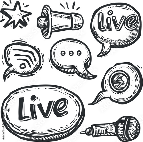 A collection of hand-drawn elements including speech bubbles and a microphone emphasizing live communication.