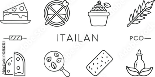 Italian Cuisine Icons Pasta, Pizza, Cake, Basil, Olive Oil