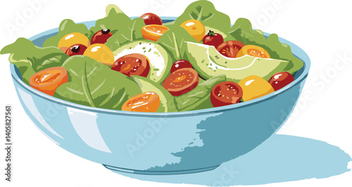 Vibrant High-Definition Illustration of a Fresh Colorful Salad in a Blue Ceramic Bowl