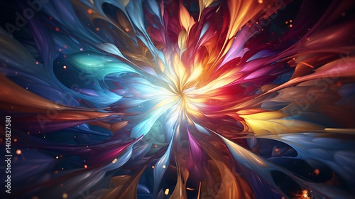 A burst of energy radiating from a central point, with waves of color spreading outward.