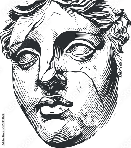 Black and white illustration of an ancient statue head showcasing classical art and craftsmanship