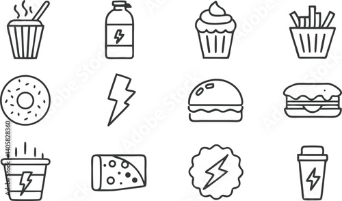 Fast Food Energy Icons Burgers, Fries, Donuts, and Drinks