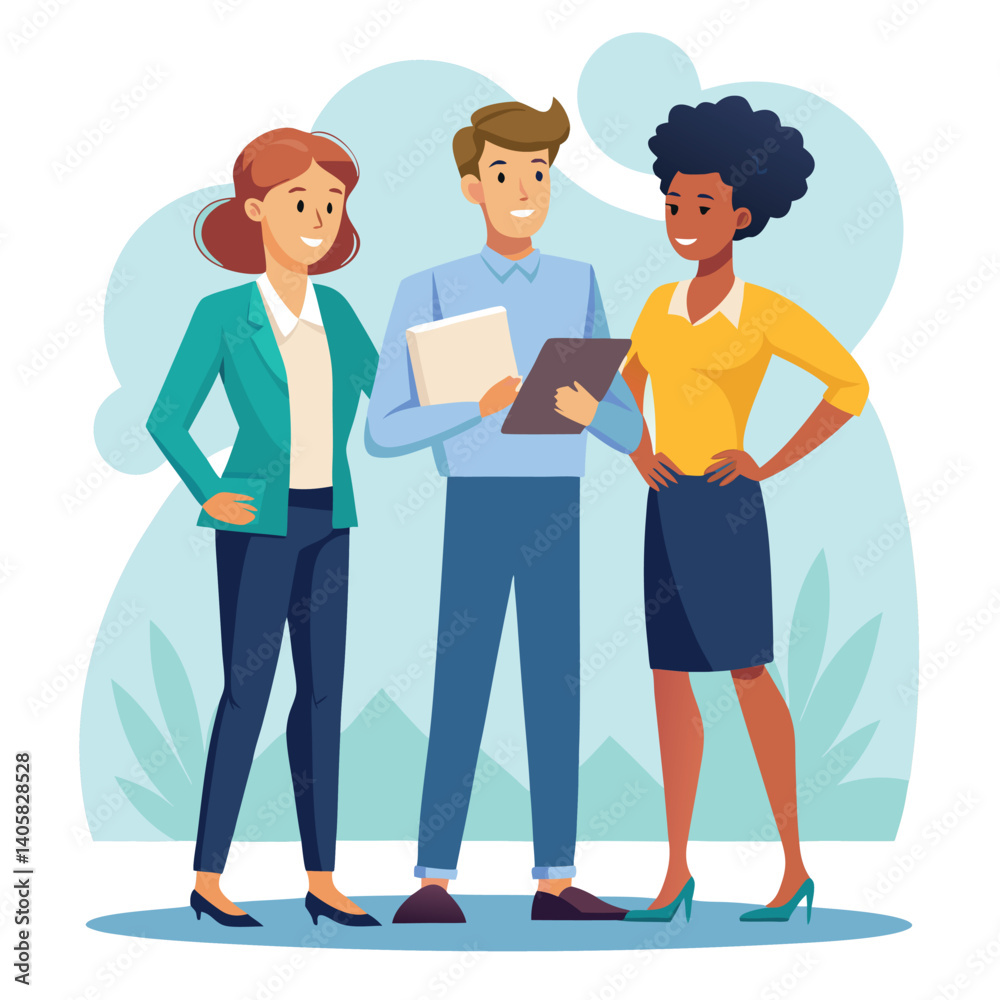 Obraz premium three-diverse-business-partners-standing-and-discus vector image on white background 