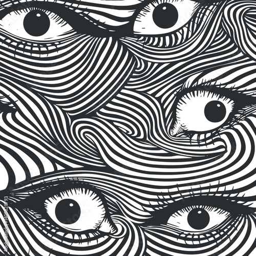 An abstract monochrome pattern featuring stylized eyes and flowing lines in a dynamic design.