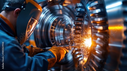 Obraz na płótnie A worker in a welding mask reinforcing the structure of an enormous steel gear in a foundry, with glowing sparks, with copy space w salonie