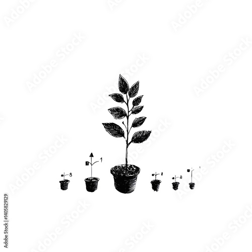 Growth stages of potted plant in black and white icon style