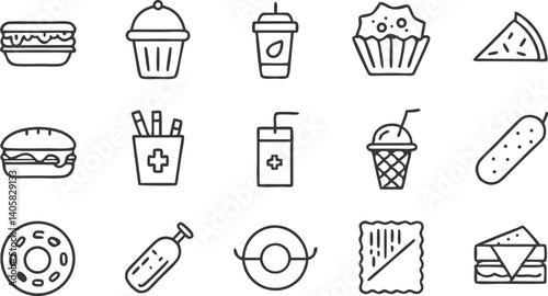 Fast Food Icons Burgers, Pizza, Drinks, Cupcakes, Snacks