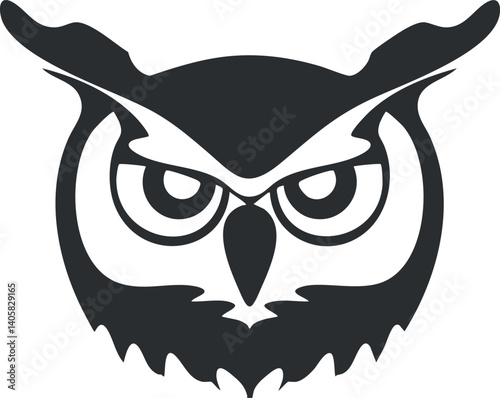 Stylized black owl illustration with sharp eyes and distinctive features representing wisdom and nature.