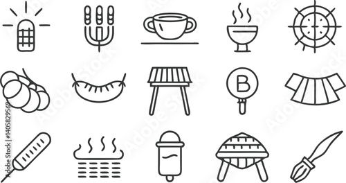 Barbecue Icons Grill, Food, Utensils, Table, and Drinks