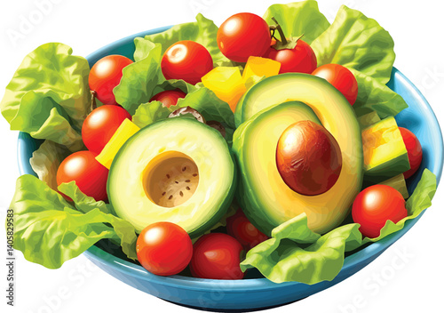 Vibrant High-Definition Illustration of a Fresh Colorful Salad in a Blue Ceramic Bowl