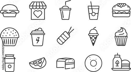Fast Food Icons Burgers, Drinks, Sweets, and Cafe Shop