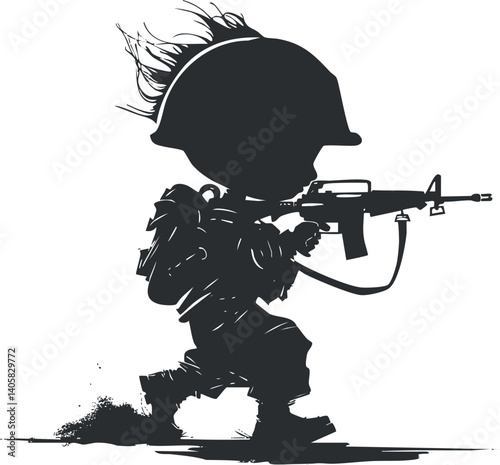 A silhouette of a soldier in action holding a rifle in a combat stance.