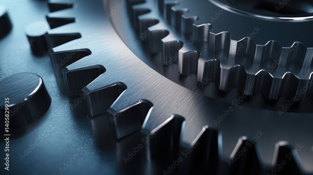 A cinematic macro shot of a large gear finely machined teeth, showing high-quality craftsmanship and engineering excellence, with copy space