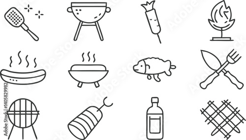 Barbecue Grill Icons Food, Utensils, and Fire