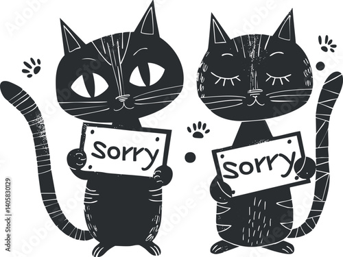 Two cute cats holding signs that say sorry in a playful and whimsical illustration.