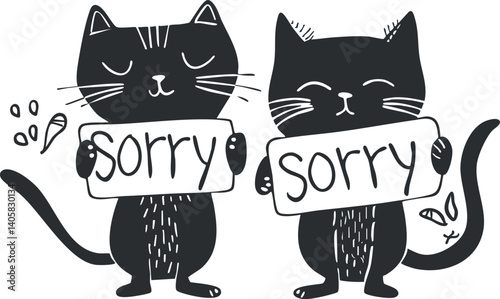 Two cute cartoon cats holding signs that say sorry in a playful and whimsical style.