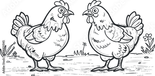 Two cartoon chickens standing in a rural setting surrounded by flowers and grass.