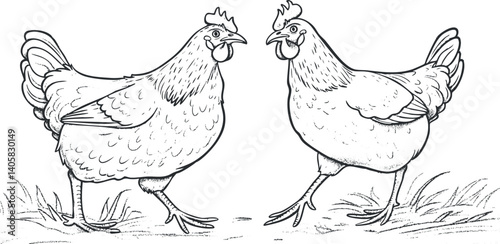Two sketch style chickens walking on grass in a rural setting showcasing farm life.