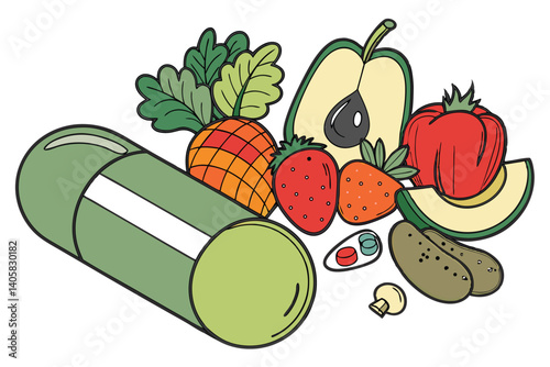 13 Vibrant fresh produce, Large green pill capsule, Colorful fruits and vegetables, Healthy nutrition concept, Dietary supplement, Natural vitamins, Organic food variety, Balanced diet composition, Ph