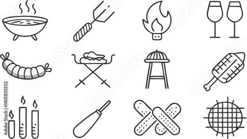 Barbecue Icons Grill, Fire, Food, Utensils, and Drinks